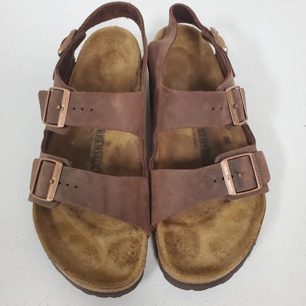 Birkenstock Mens Milano Three Strap Sandal Size 42 EU 9 US Brown Leather Comfort